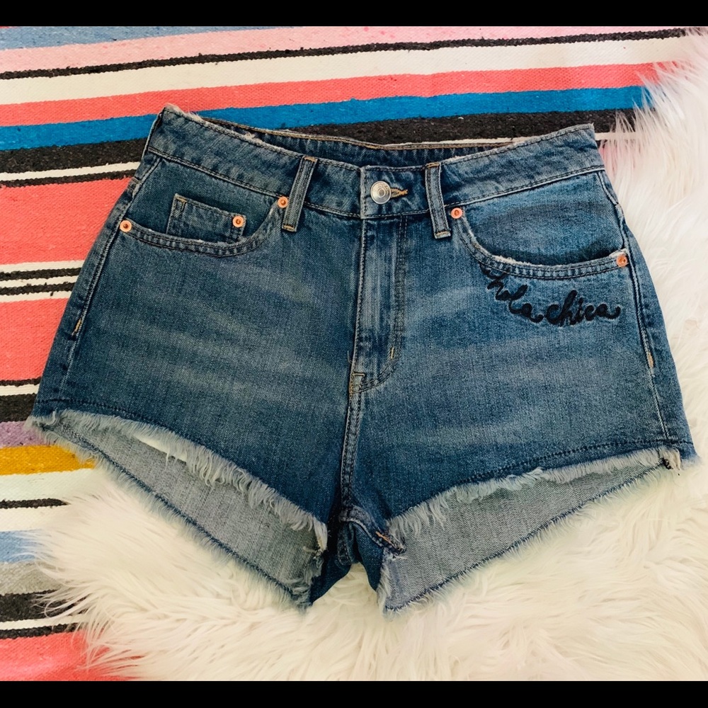 H&M Distressed Embroidered Denim Shorts
